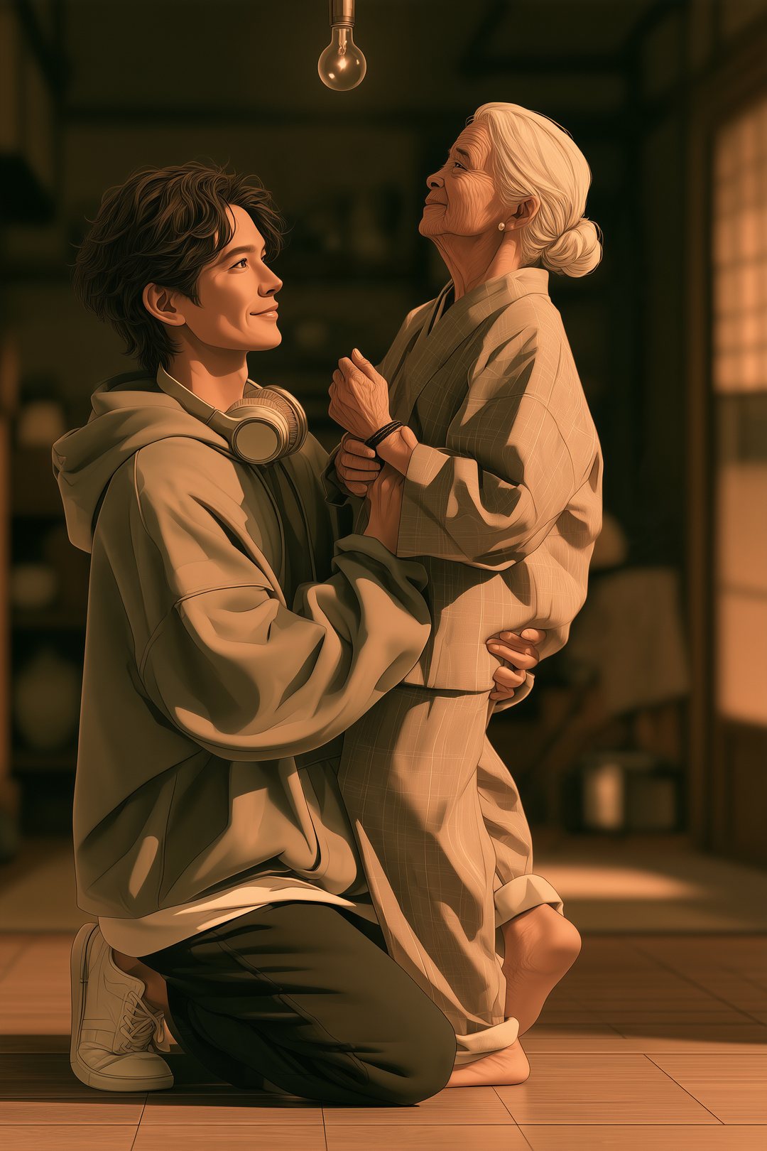 番台の下の板の間で、老婦人を抱き起こす若い男性。老婦人は手首を押さえ、天井の電球を見上げている。