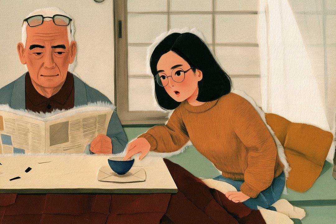 日曜の昼の実家の居間。ちゃぶ台の上で、年金の封筒が湯のみの下にコースターのように敷かれている。左で60代の父が新聞を広げ、右で30代の娘が封筒を指さして身を乗り出す。