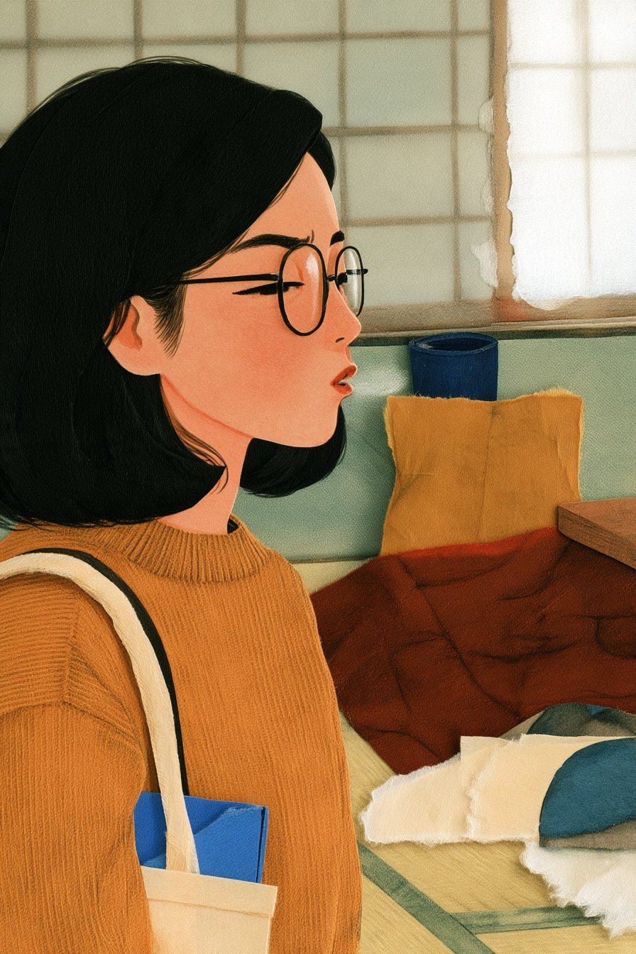 あきれた顔でため息をつく30代の娘の寄り。肩にかけたトートバッグの口から、開けていない青い封筒の角がのぞく。