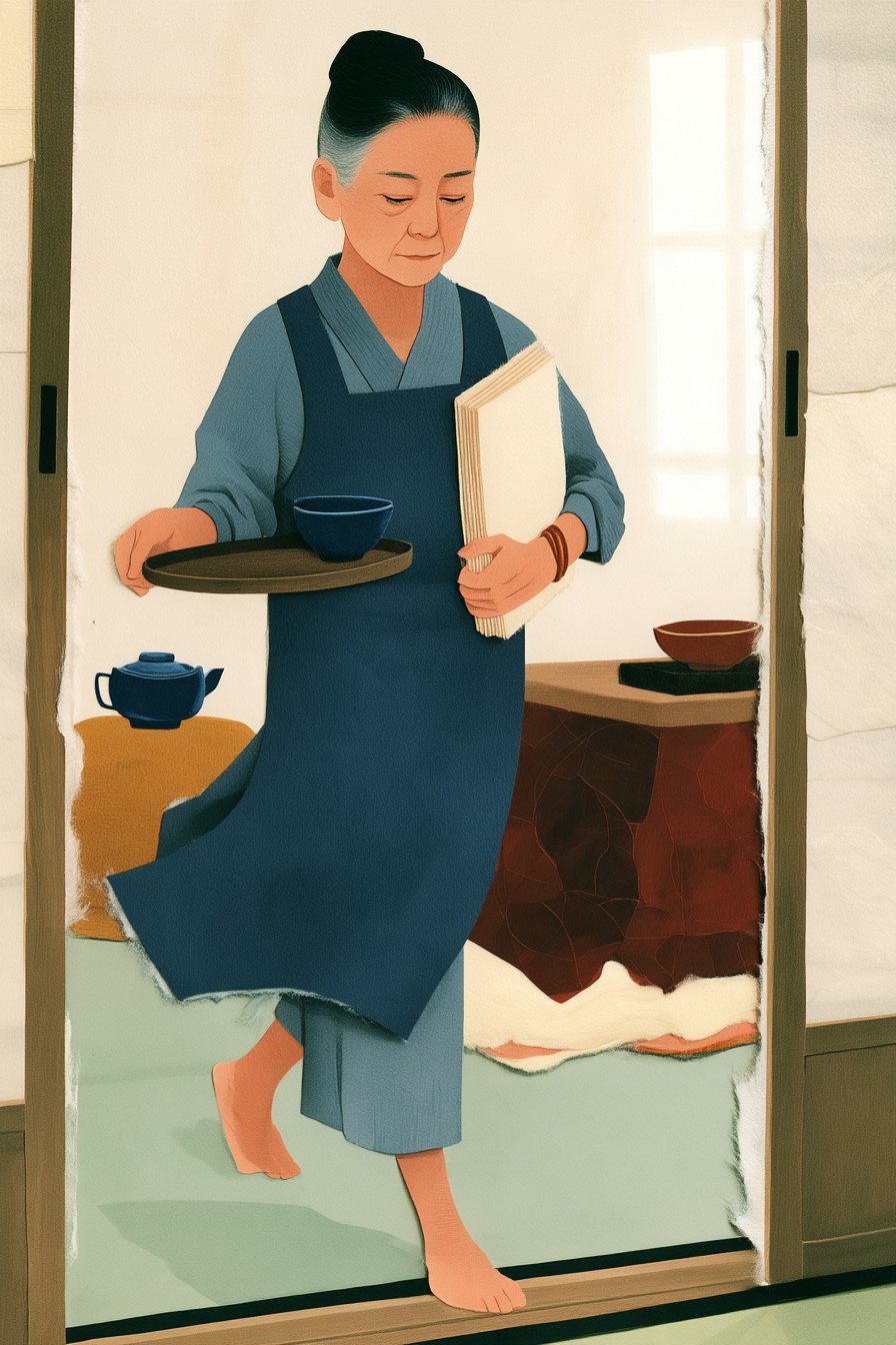 居間に入ってくる60代の母。藍のエプロン、手首に輪ゴム。片手にお茶の盆、脇に分厚い家計簿をはさむ。