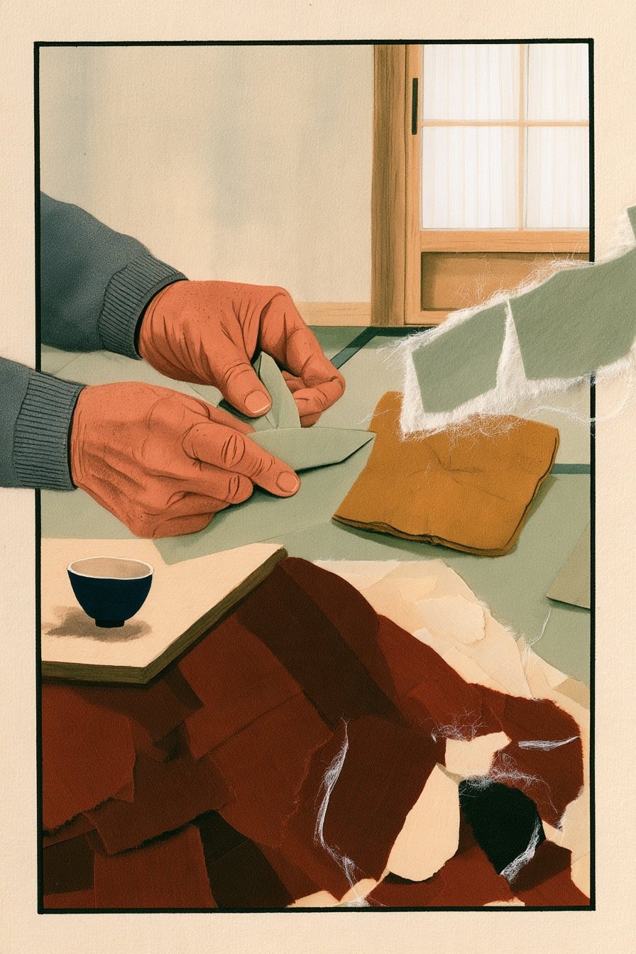 父の太い指が封筒をびりびりと破る寄り。ちぎれた封筒の細い紙の帯が舞い、絵の枠の右の線を越えて外へ飛び出す。
