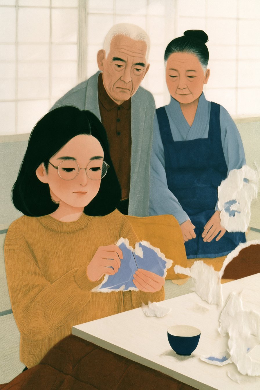 ちゃぶ台の前で、娘が自分の青い封筒をおそるおそる開ける。後ろで父と母が首を伸ばしてのぞきこむ。