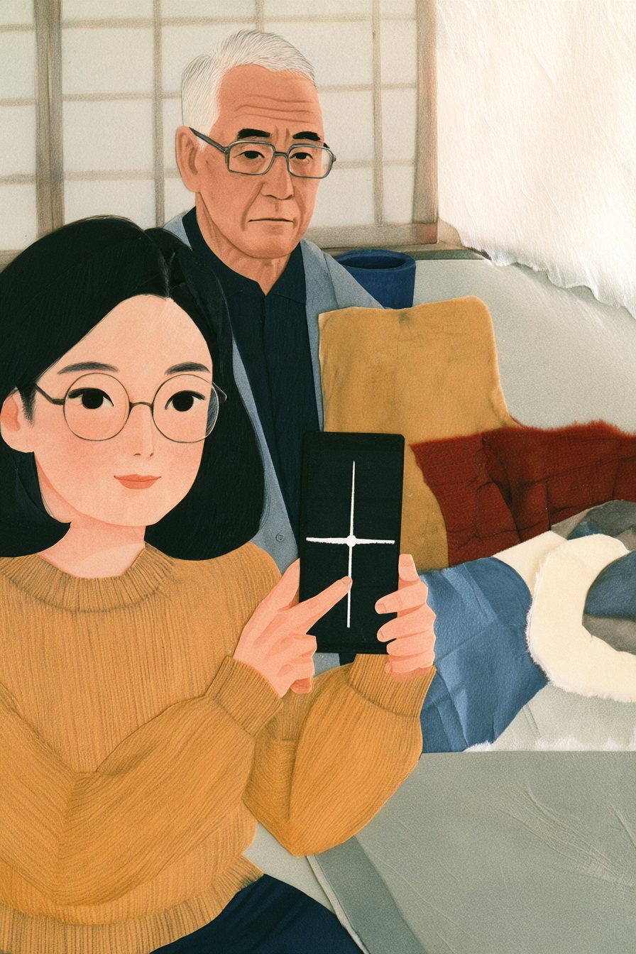 スマホの画面の寄り（光と目盛りの形だけで字は読めない）。娘の指が目盛りをすべらせる。後ろから、老眼鏡をかけた父がのぞきこむ。