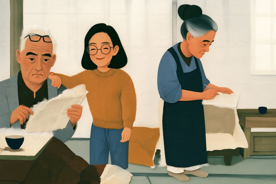 ちゃぶ台を囲む3人。母が家計簿に新しい行を書き足し、娘が笑って母の肩に手を置く。父は照れて新聞を広げかける。