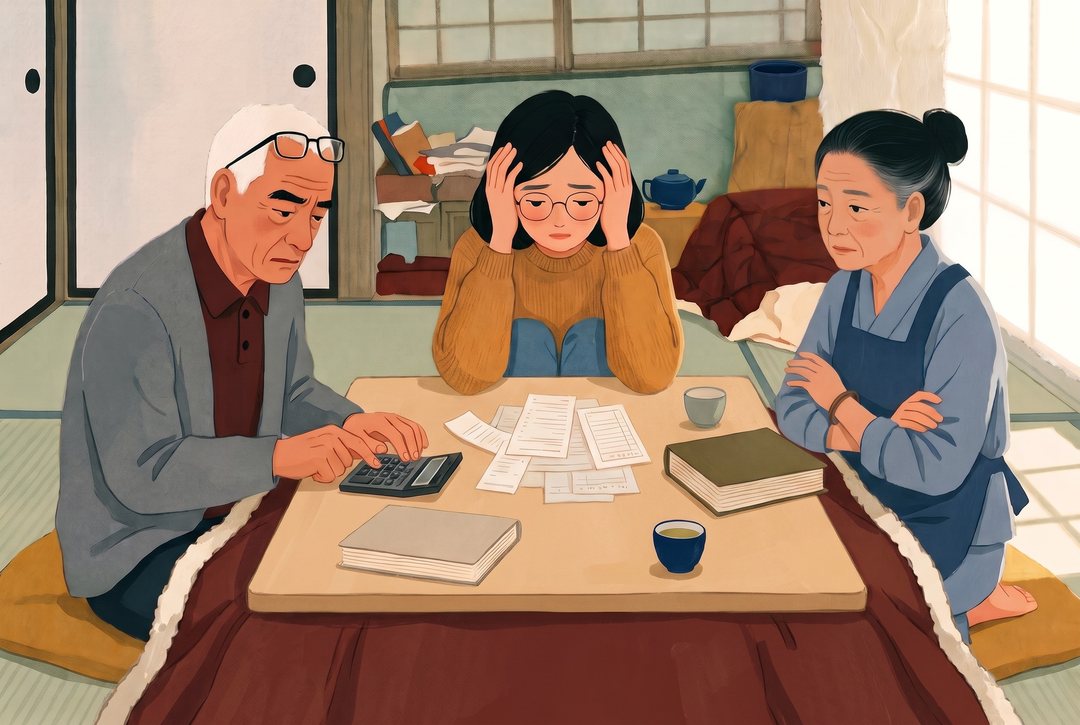 同じ日曜の午後の居間。ちゃぶ台いっぱいに計算の紙が散らばる。左で父が両手で電卓をたたき、右で母が家計簿を閉じて腕を組む。真ん中で娘が頭を抱える。少し上から。