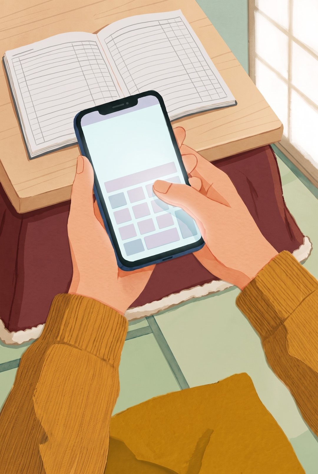 娘の手元の寄り。スマホの電卓に親指で数を打つ(画面は光と形だけ)。ちゃぶ台の上に母の家計簿が開いている。