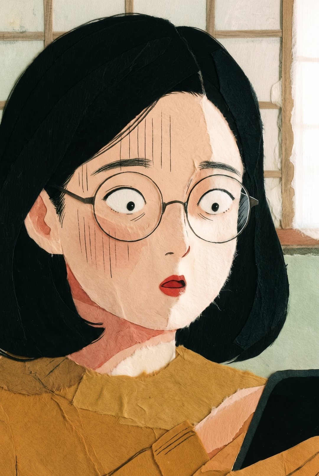 娘の顔の寄り。丸い眼鏡の奥で目を見開き、顔に驚きの縦線。口が「え」の形で止まる。
