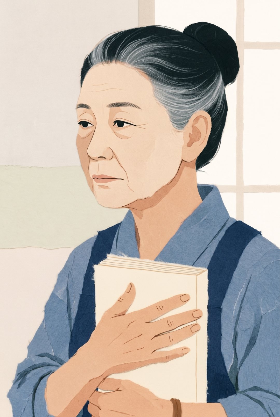 母の顔の寄り。家計簿を胸に抱え、静かに父を見返す。