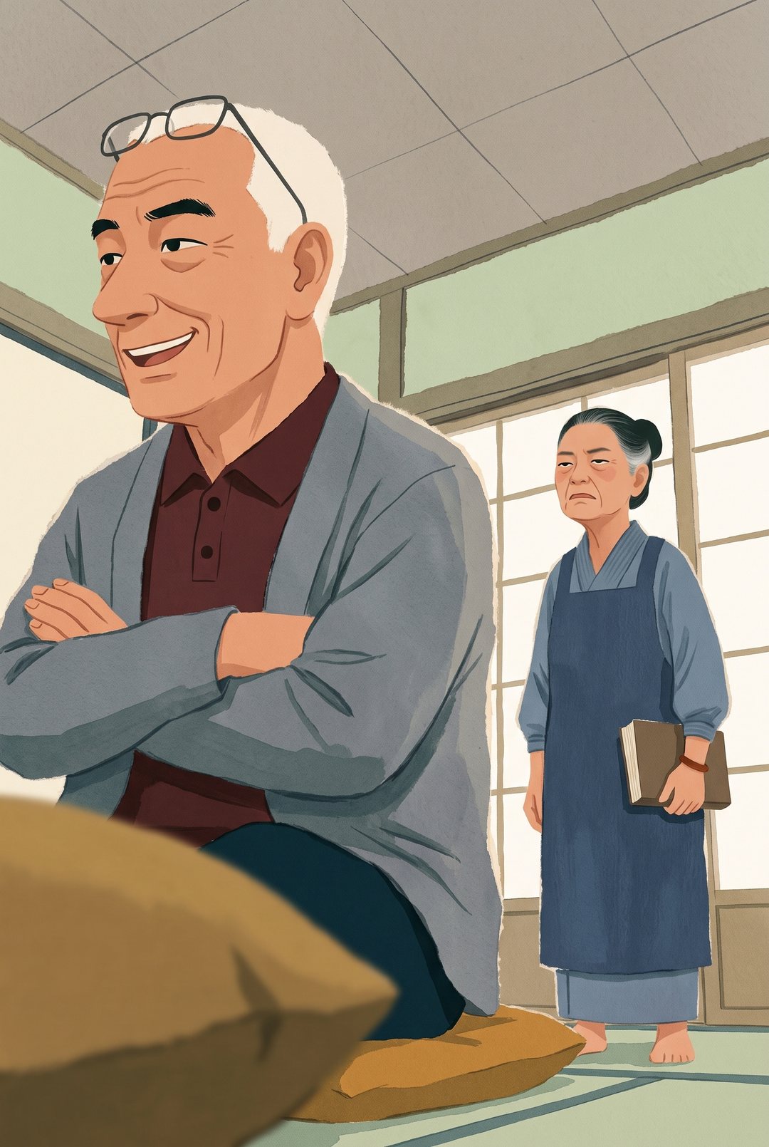 父が腕を組んで胸を張り、鼻をふくらませて笑う。後ろで母があきれて目を細める。下から見上げる角度。