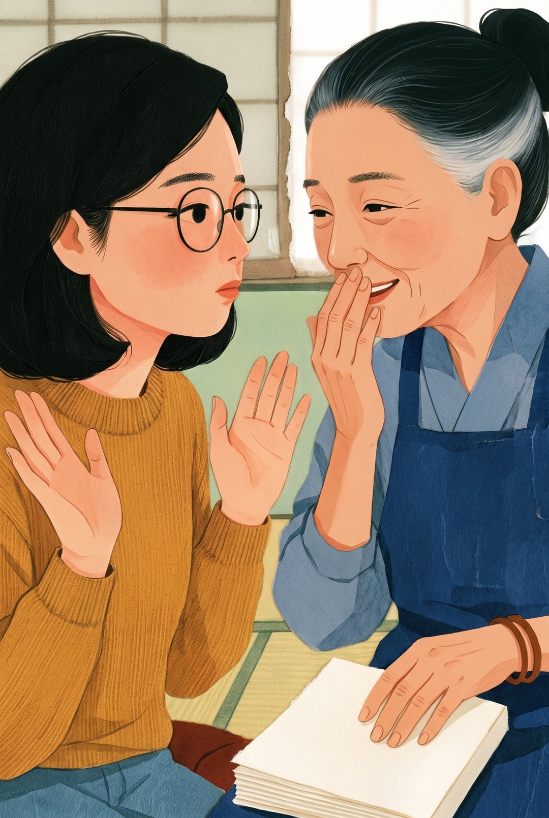 母が家計簿をぱたんと閉じ、口に手を当てて笑う。横で娘が肩をすくめる。