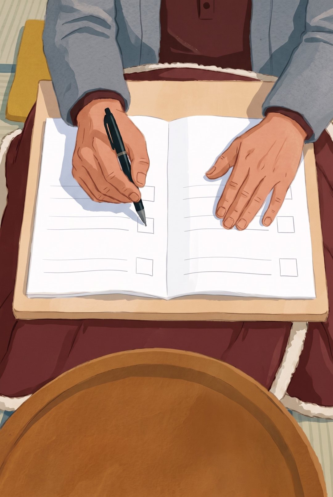 年金請求書の2ページ目の寄り。表の欄と小さな四角の欄が並ぶ（字は読めない線だけ）。父の太い指がボールペンを持ち、1つの四角の上で止まる。真上から。