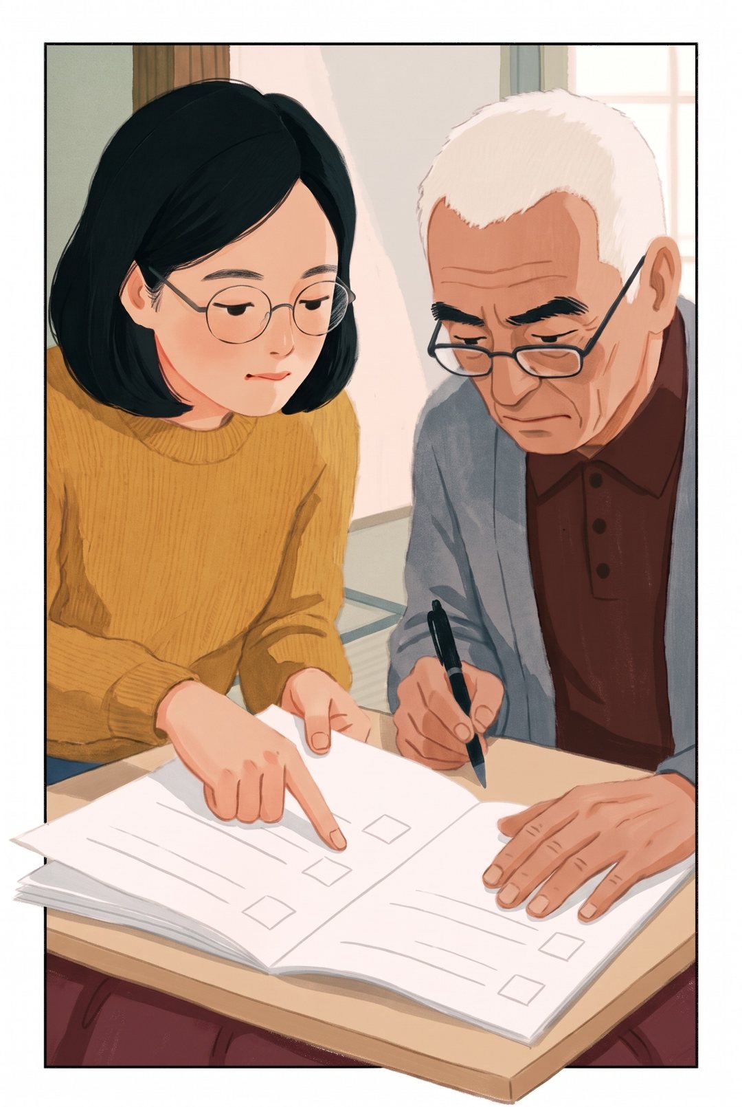 娘が横から身を乗り出し、請求書の下の欄を指さす。請求書の角が絵の枠の線を越えて左へはみ出す。右で父がペンを持ったまま、老眼鏡越しに同じ欄をのぞく。