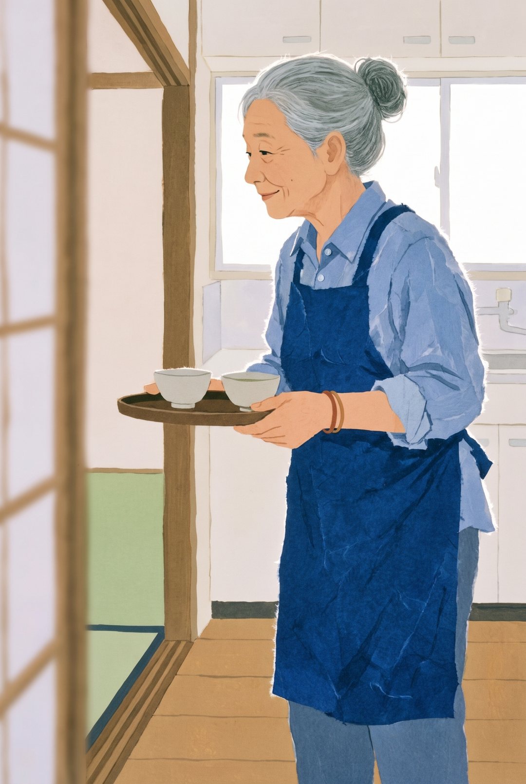 台所との境の戸口に、お茶の盆を持った母が立ち、娘の方を見て小さく苦笑いする。藍のエプロン、手首に輪ゴム。