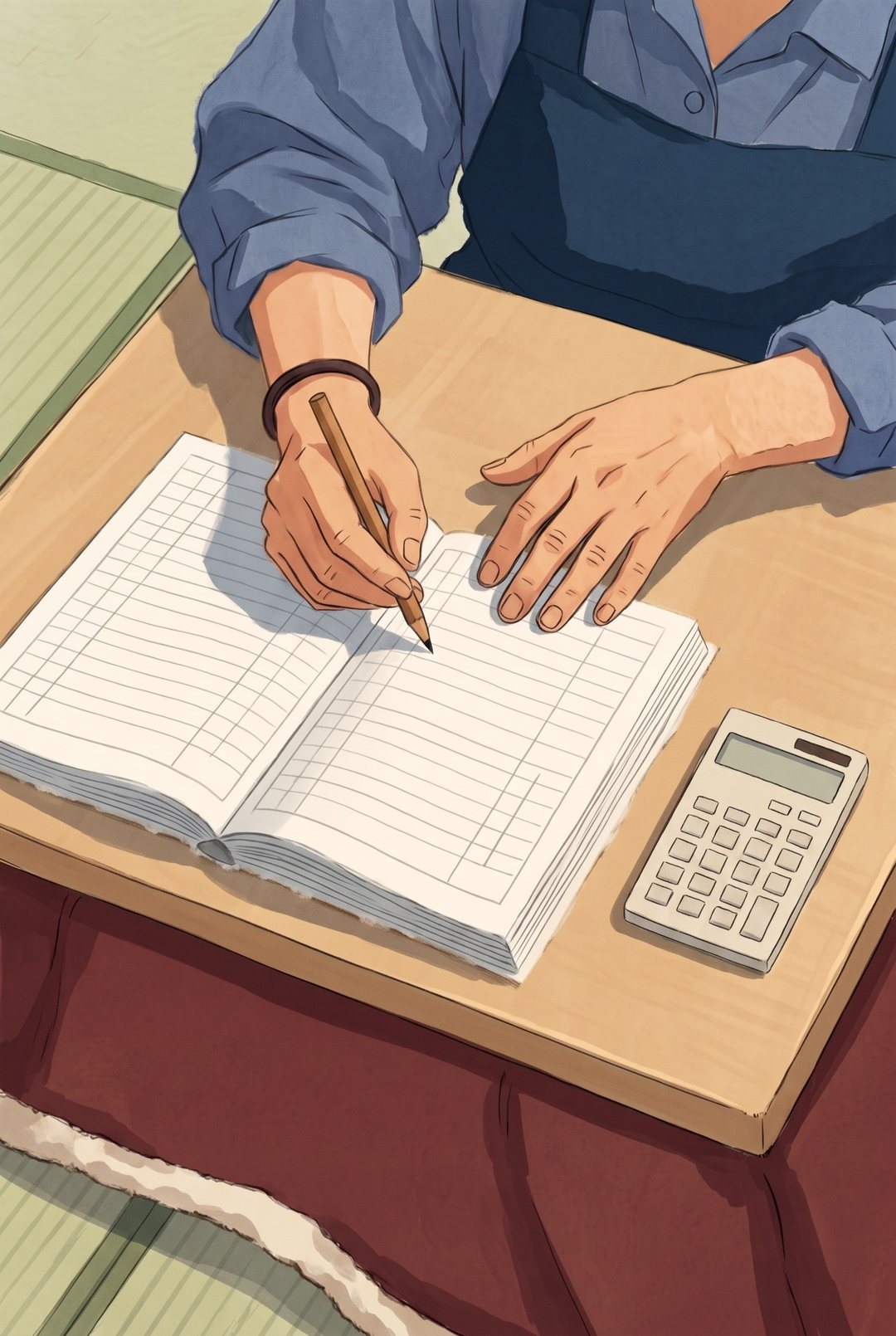 母の手元の寄り。家計簿の余白に鉛筆で小さな筆算を書き、手首に輪ゴム。横に電卓。上から。