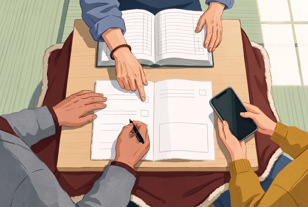ちゃぶ台を真上から。開いた年金請求書・家計簿・スマホのまわりに、3人の手が集まる。