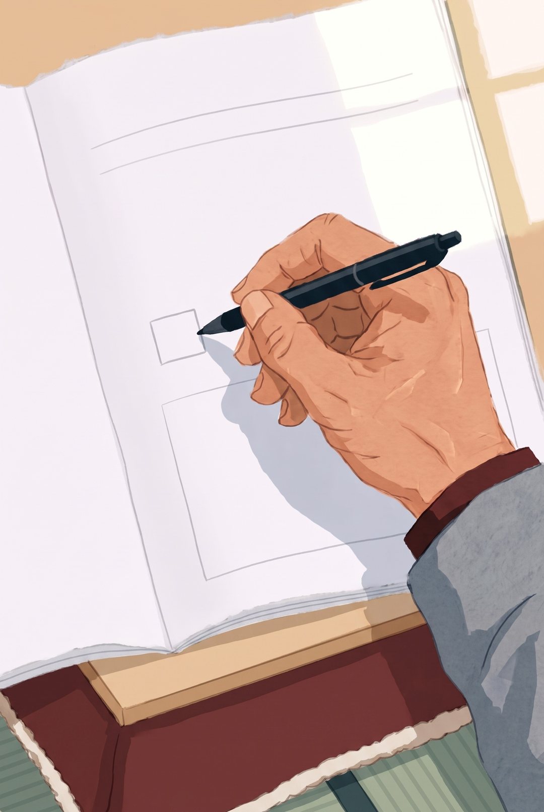 父の太い指が、請求書の1つの四角を、ボールペンの先でそっと指す(字は読めない線)。