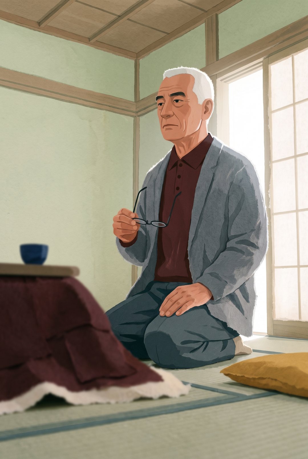 父が老眼鏡を外して手に持ち、正座のまま背すじを伸ばして前を見すえる。窓の白い光が肩をふちどる。下から見上げる角度。