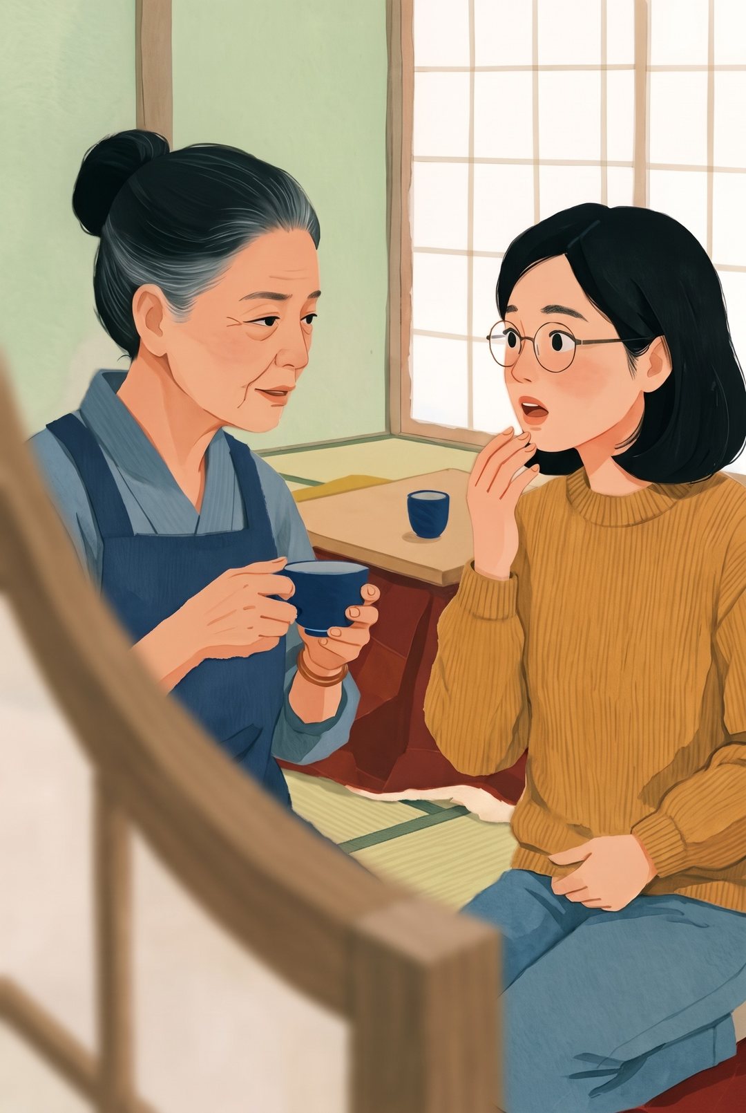 母と娘が顔を見合わせる。左の母は湯のみを持ったまま、右の娘は口を半分あける。