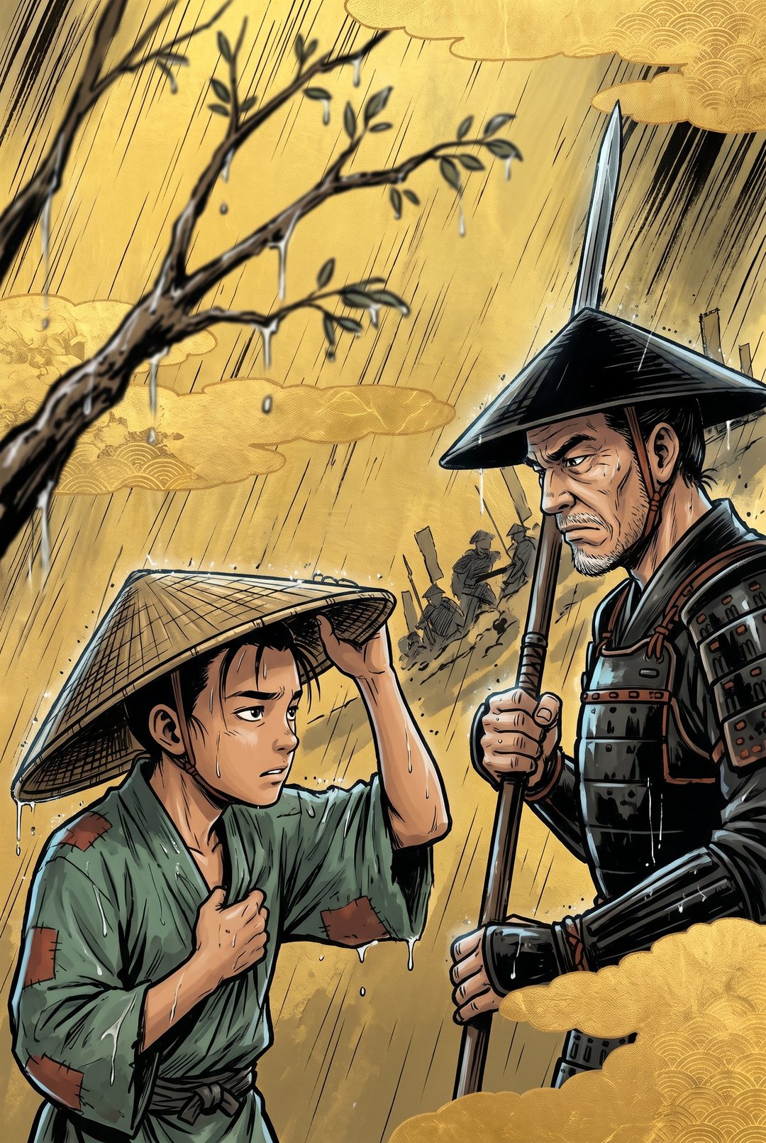 雨の中、木の下で身を寄せる足軽たち。手前に大きすぎる竹の笠をかぶった少年。右に槍を抱えた白髪まじりの男。