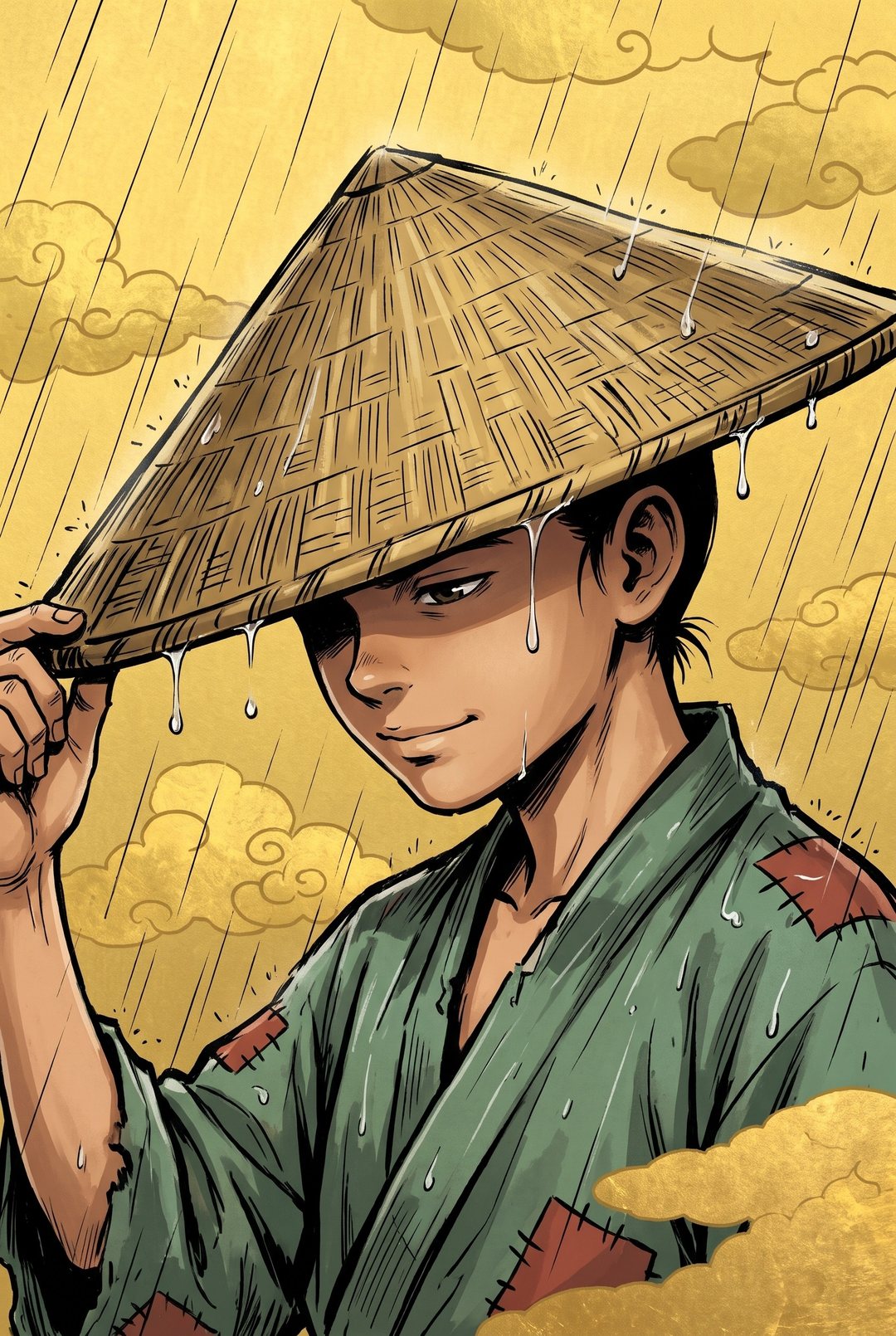 大きすぎる竹の笠の下の少年の顔の寄り。雨のしずくが笠のふちから落ち、口元だけで小さく笑う。