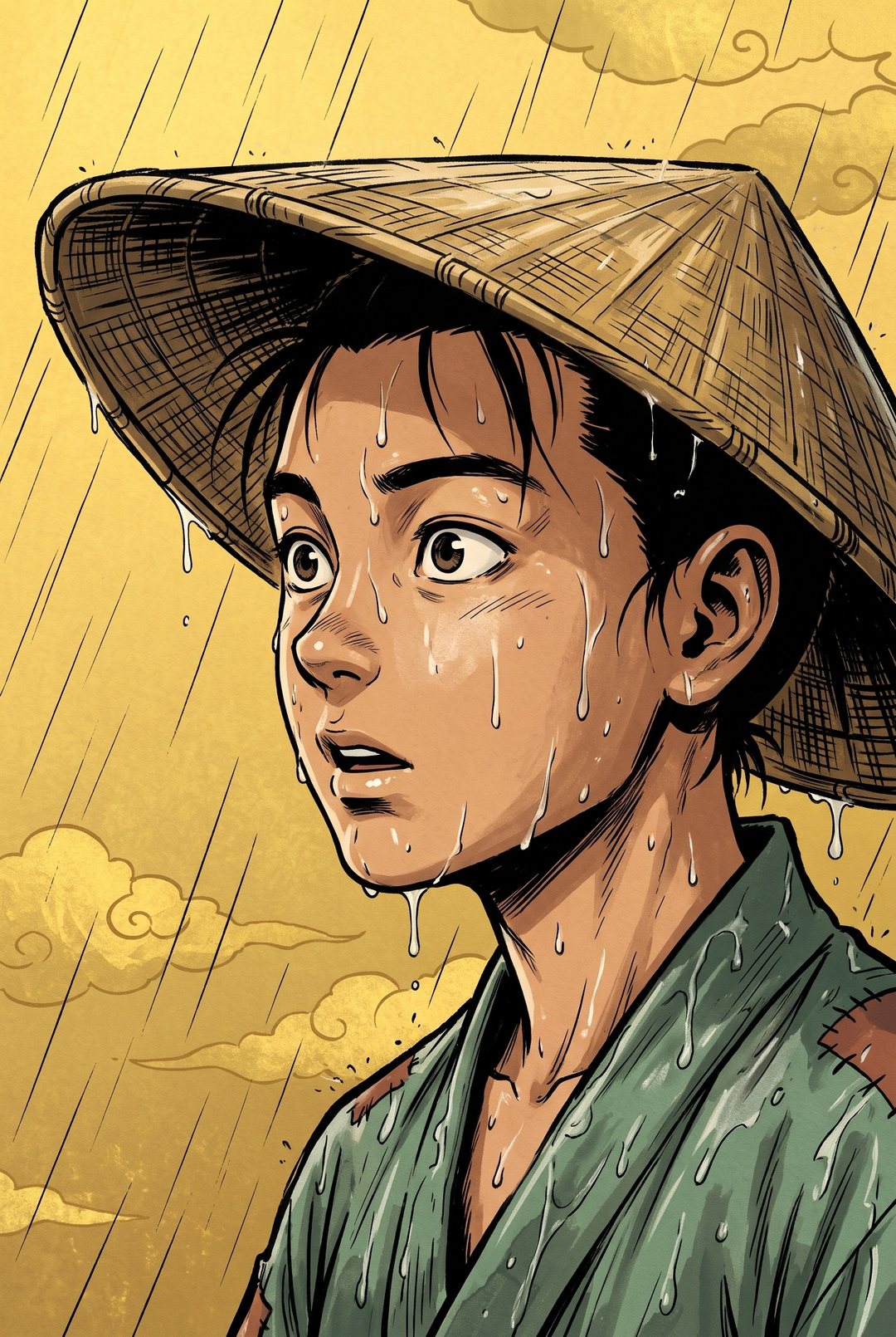 雨に濡れた少年の顔の寄り。目を見開き、何も無い空中の一点を見つめる。