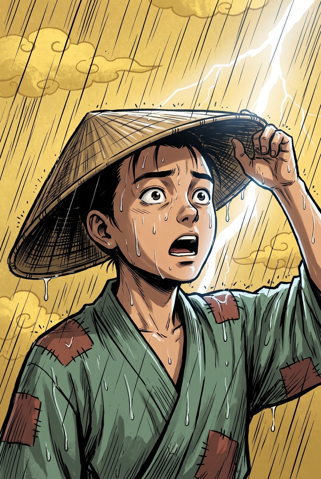 少年の顔の寄り。口が開いたまま、雨粒が頬を伝う。