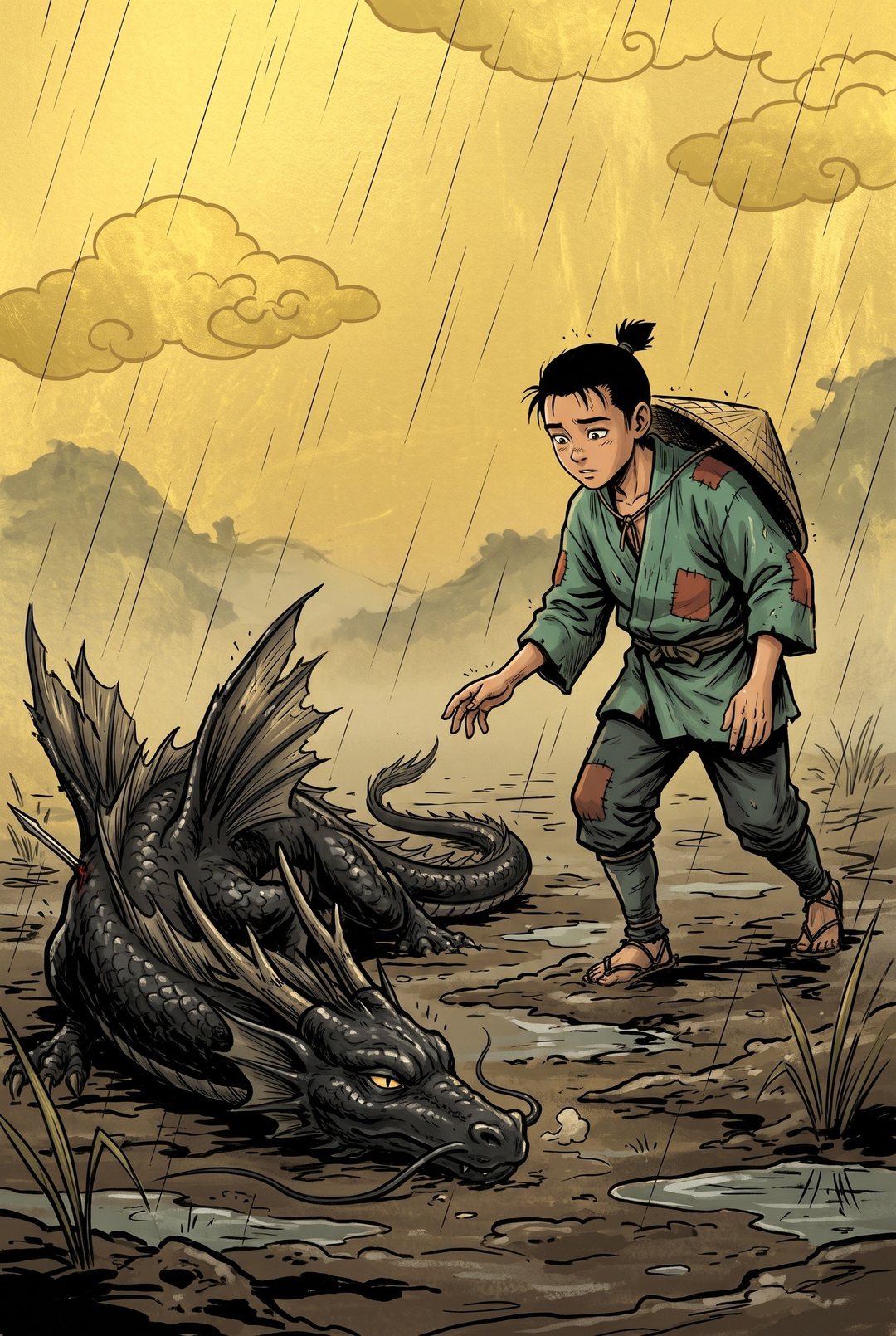 人のいなくなった雨の窪地。泥に伏した竜に、少年がひとり、手を伸ばしてそっと近づく。