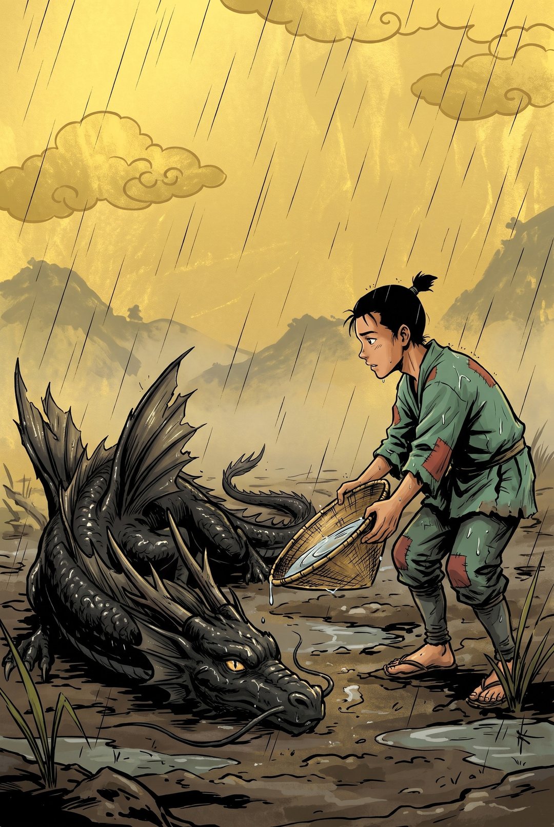 少年が、雨水のたまった裏返しの竹の笠を、伏せた竜の口元へそっと差し出す。