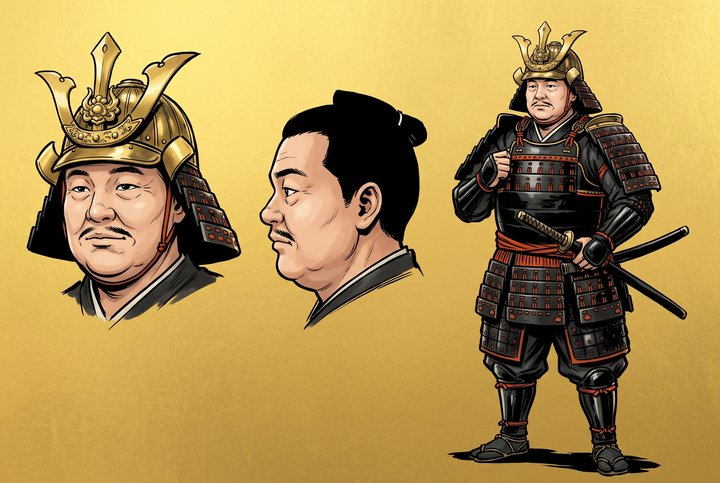 「桶狭間に、竜が落ちた」の今川義元の設定画(全身と顔)