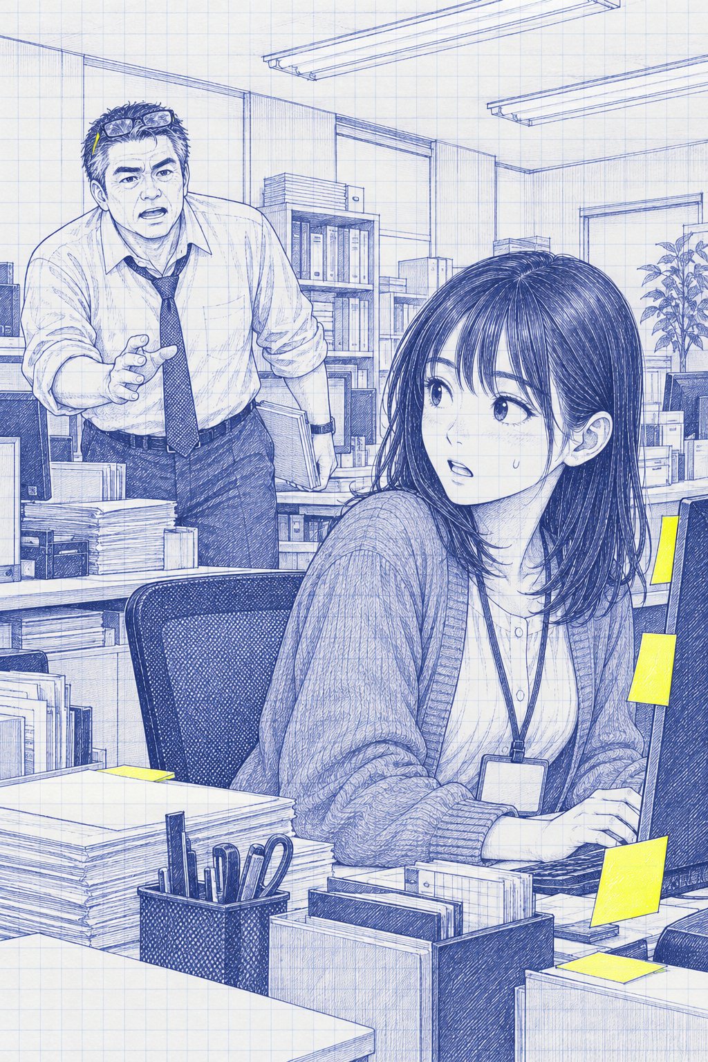 昼の印刷会社の営業部のフロア。右手前で、モニターのまわりが付箋だらけの机の前の若い女性が、肩をすくめて振り向く。左奥の席で、課長が立ち上がって呼んでいる。白い蛍光灯の光。