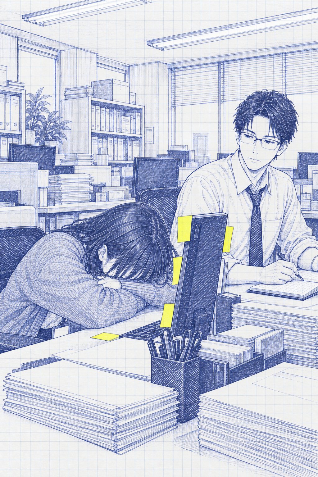 夕方の営業部の島。左で、七瀬がモニターの前で机に突っ伏している。右の席で、眼鏡の男性が方眼のメモ帳に書く手を止めて、七瀬の方を見る。