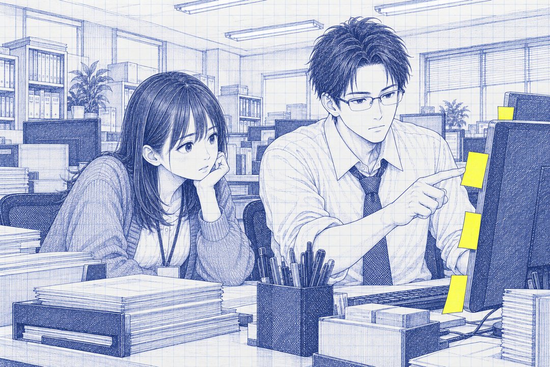 七瀬の机。右で、沖が真顔でモニターの付箋を1枚ずつ指でさして数えている。左で、七瀬が困った顔で見ている。