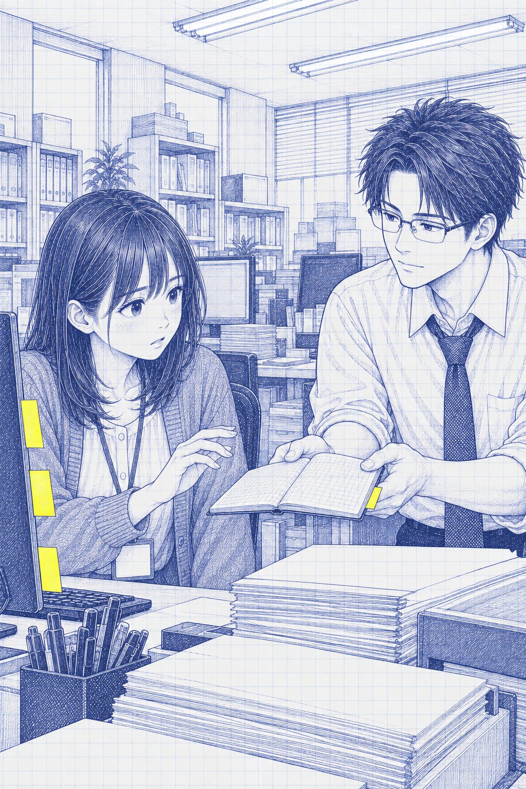 島の机の上。右から沖が、新しい方眼のメモ帳を七瀬の前へ差し出す。左で、七瀬がそれを受け取るか迷って手を止める。