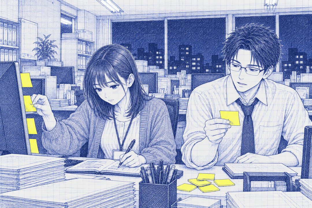 夜の営業部の島。窓の外は暗い。左で七瀬がモニターの付箋をはがしながらメモ帳に書き写し、右で沖がはがした付箋を1枚持って読み上げる。机の上に、はがした付箋の小さな山。