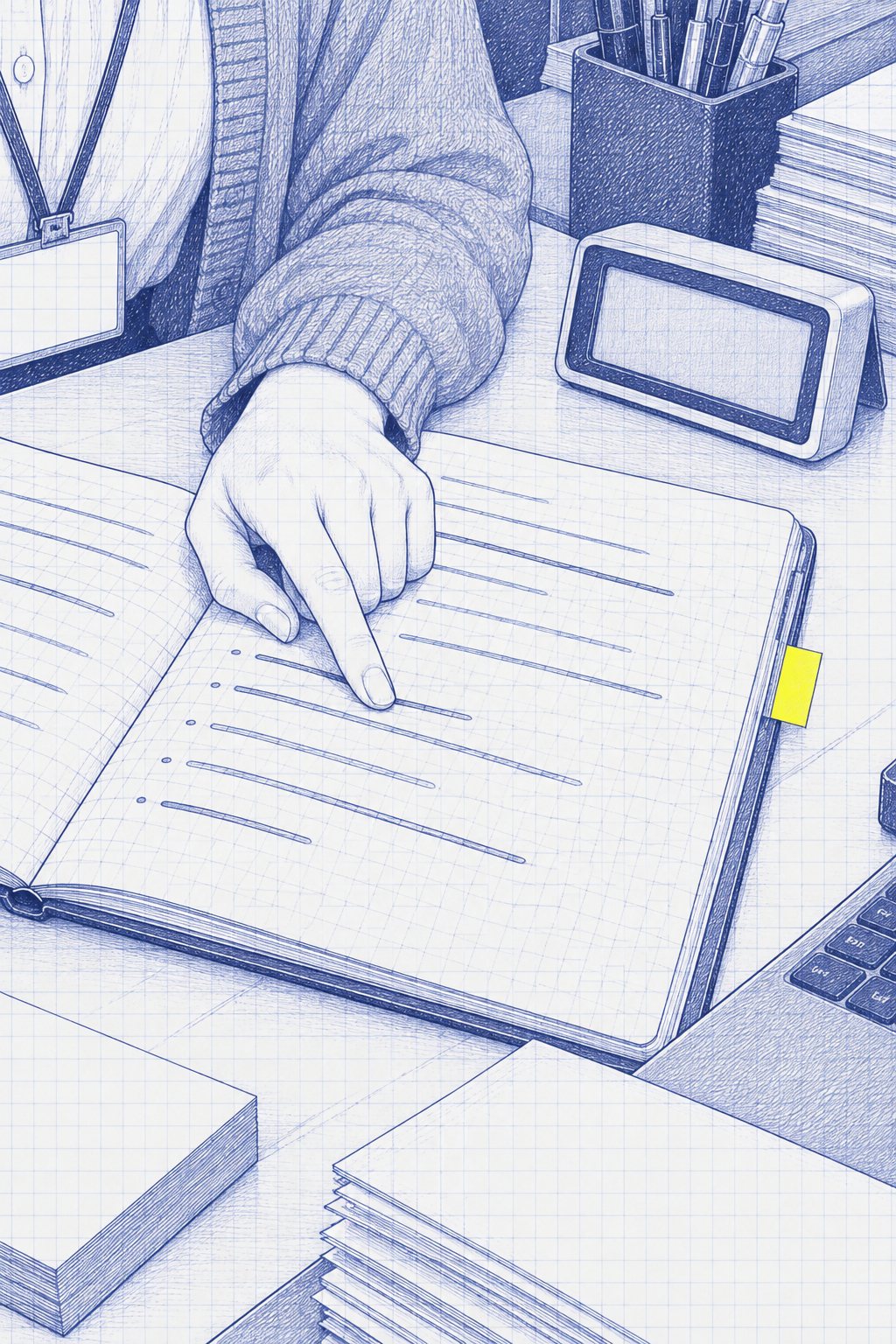 七瀬の手の寄り。メモ帳の1行を人さし指でおさえる（字は読めない）。横に、机の上のデジタルの時計（数字は読めない）。