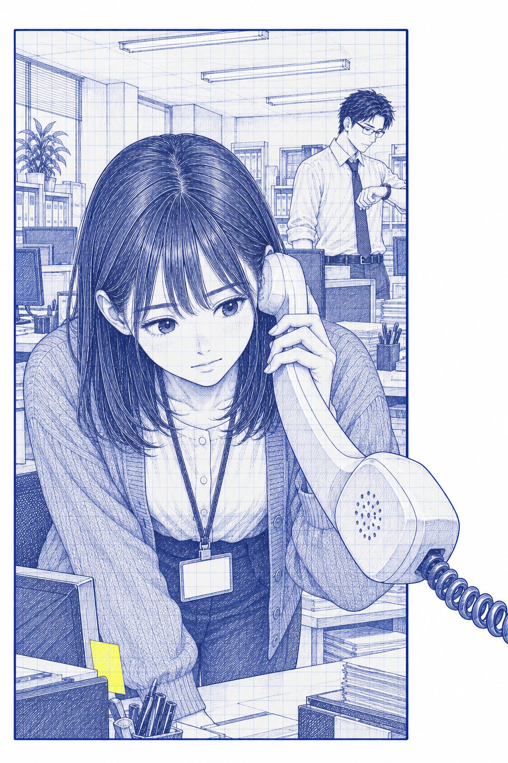 立ったまま受話器を耳に当て、頭を下げる七瀬(左)。握った受話器とコードが、絵の枠の右の線を越えて外へ出る。右奥で、沖が腕時計を見ている。