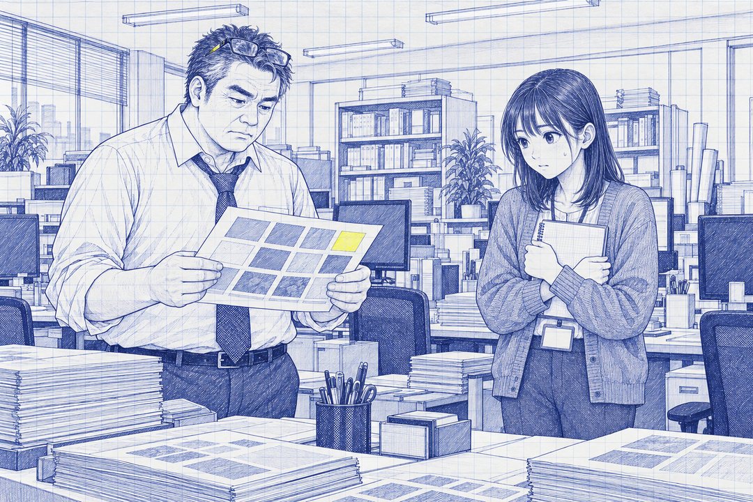 朝の営業部。左で、課長が七瀬の机の横に立ち、印刷所から届いた色見本の紙を見ている。右で、七瀬がメモ帳を胸に抱えて身構える。