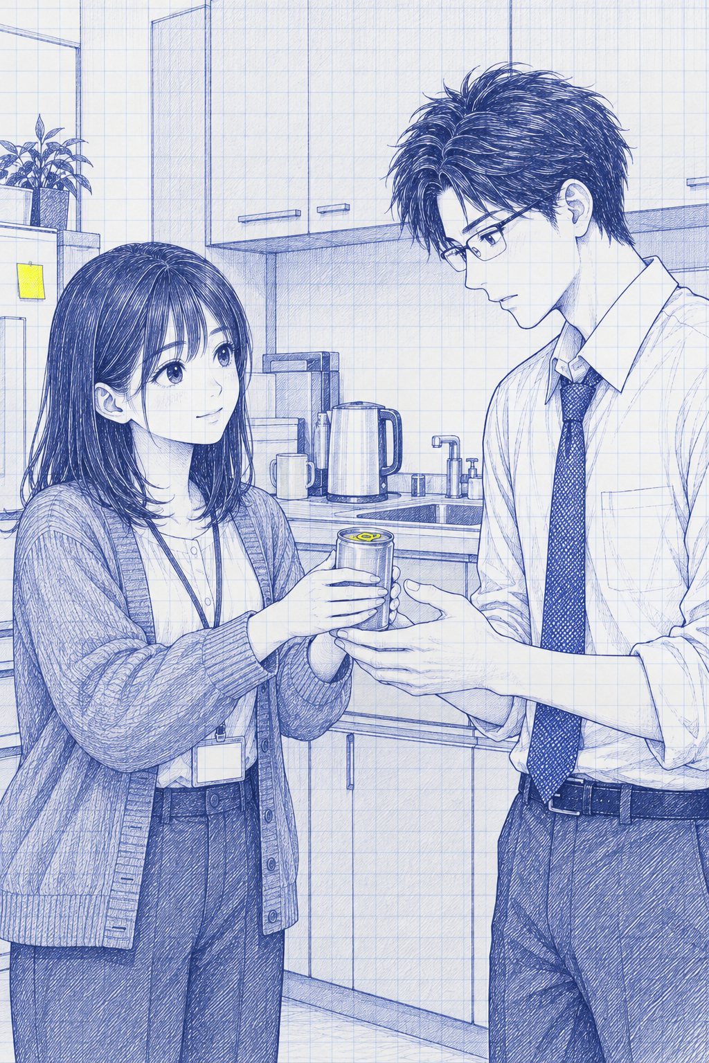 昼の給湯室。左で、七瀬が缶コーヒーを両手で差し出す。右で、沖が少し驚いた顔で受け取る。