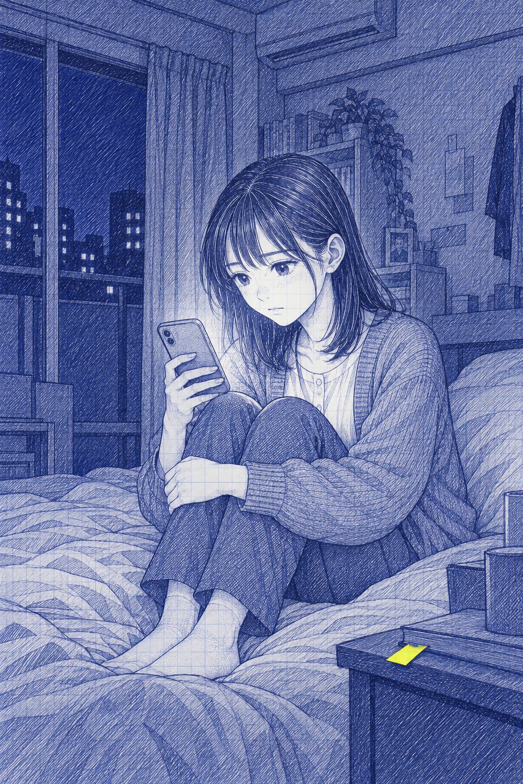 暗いワンルーム。ベッドの上でひざを抱え、スマホを見る七瀬。画面の青白い光だけが顔に当たる(画面の字は読めない)。