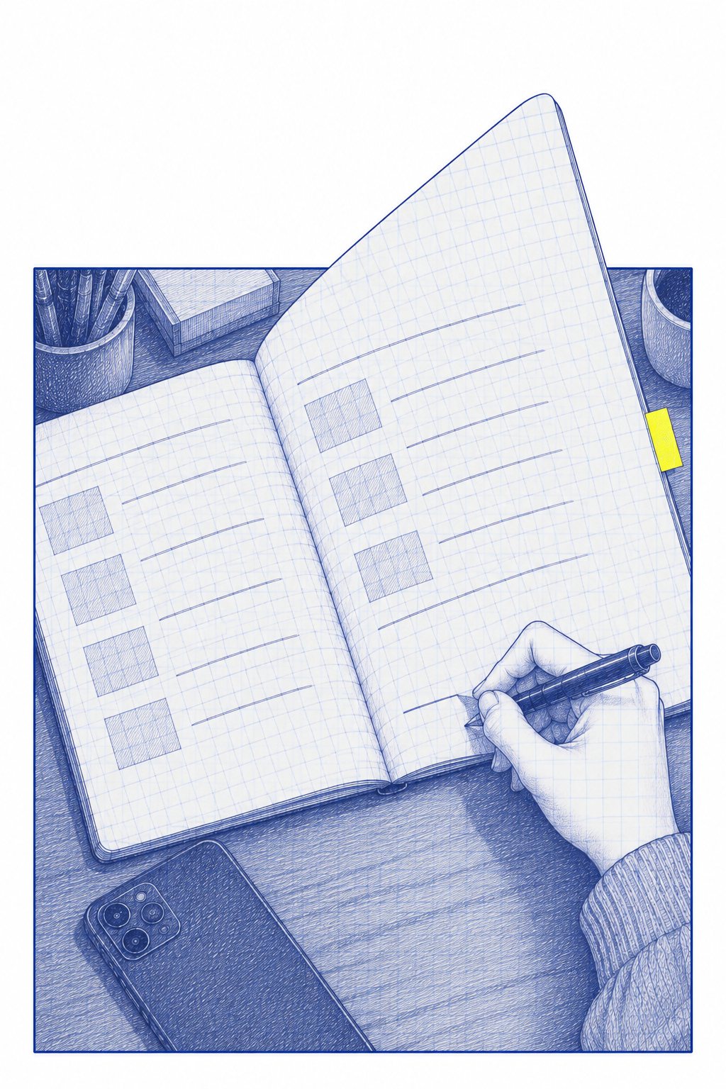机の上の寄り。七瀬の手が、方眼のメモ帳のいちばん下の新しい行にペンで書く（字は読めない線）。メモ帳の角が、絵の枠の上の線を越えて外へ出る。伏せたスマホが横にある。