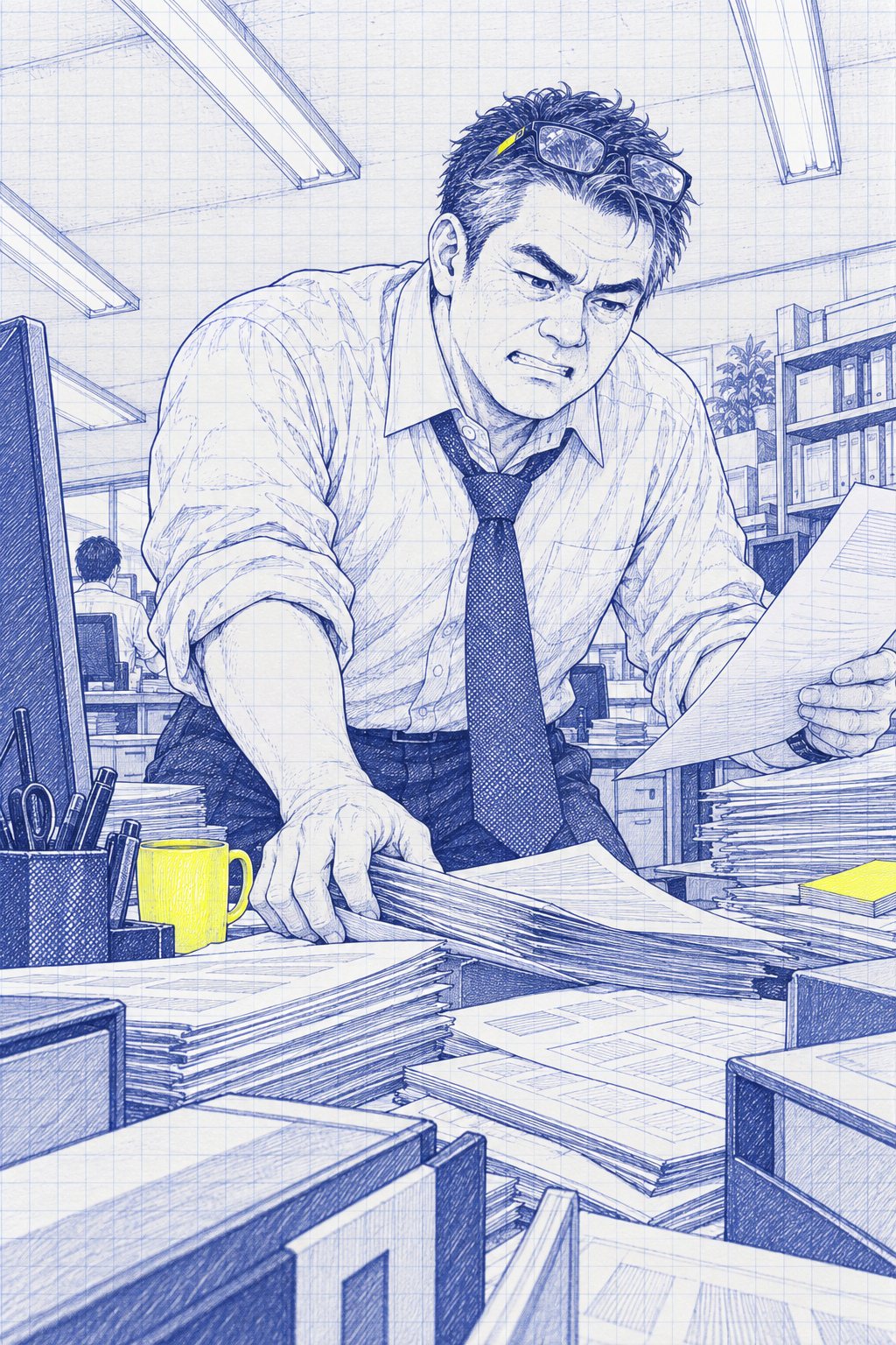 課長が机の書類をひっくり返して探している。老眼鏡は、課長の額の上にのっている。