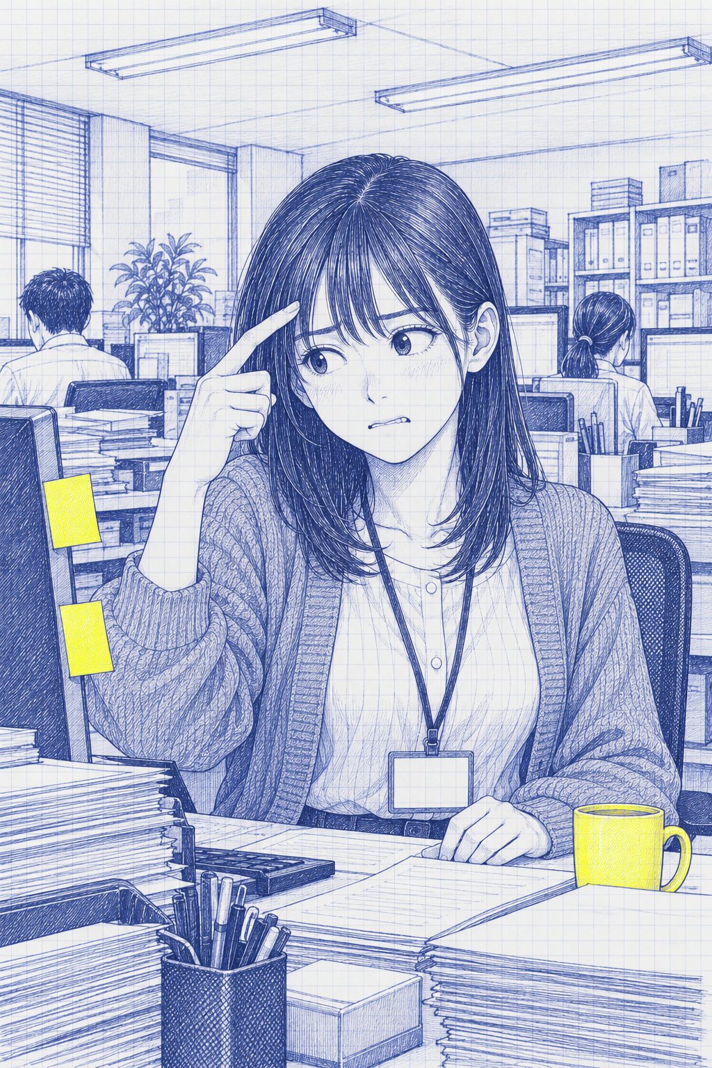 自分の席で、七瀬が困った顔のまま、自分の額を人さし指でそっと指さしている。
