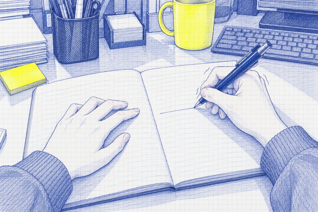 七瀬の目から見た手元。課長の声がまだ残るうちに、開いた方眼のメモ帳の新しい行へ、ペンで書き始める（字は読めない線）。