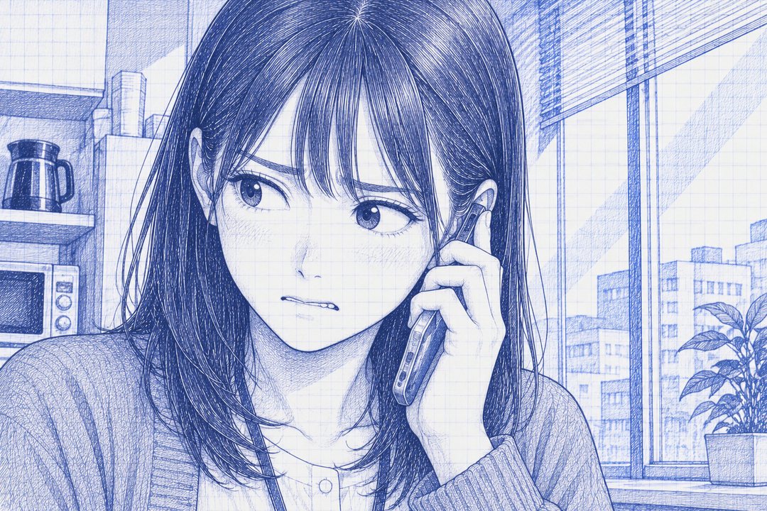 七瀬の顔の寄り。スマホを耳に当てたまま、思わぬ問いに目を泳がせ、言葉を探している。