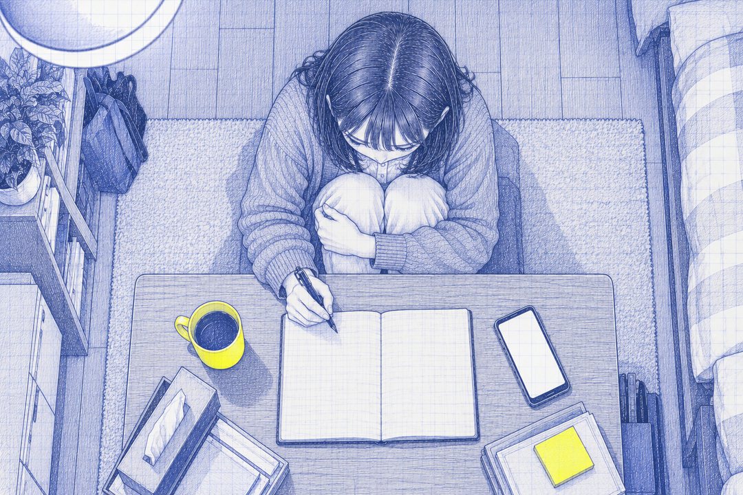 真上から見たワンルームの床。ローテーブルにメモ帳を開き、ペンを持った七瀬がひざを抱えて座る。テーブルの上のスマホは通話中でスピーカーにしてある（画面の字は読めない）。