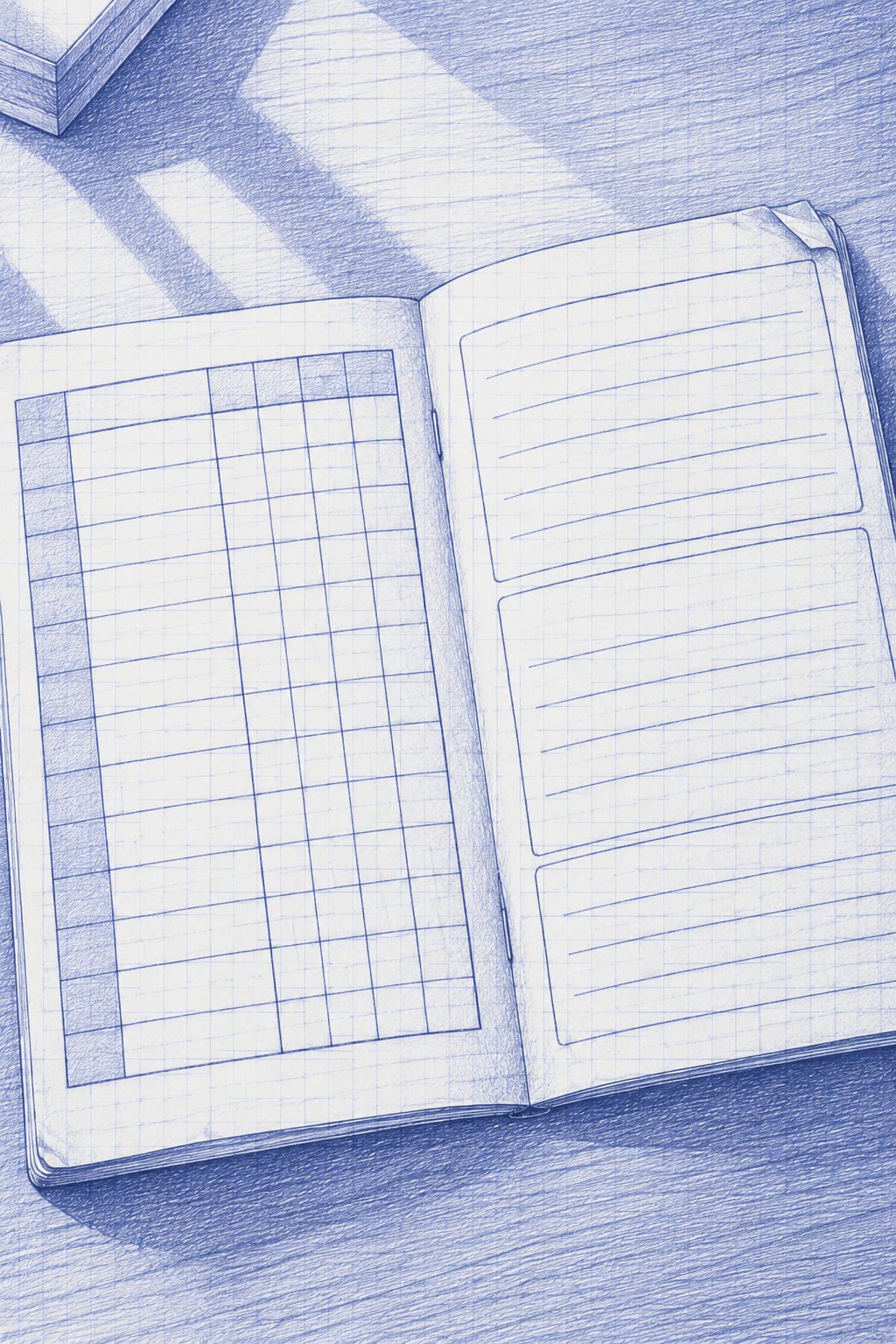 古い通知表の見開きの寄り。成績の欄の升目と、先生の手書きの所見の欄(字は読めない線)。紙の角が少し折れている。