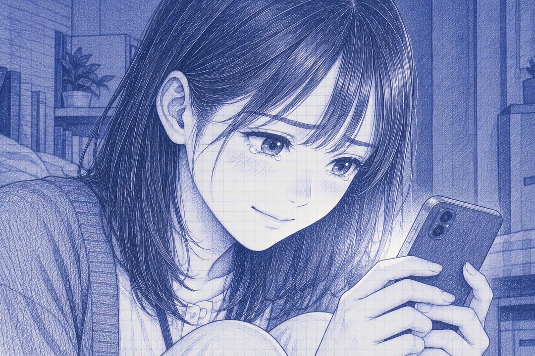 七瀬の顔の寄り。スマホの光を受けた目に涙がにじみ、口もとが少しだけ笑っている。