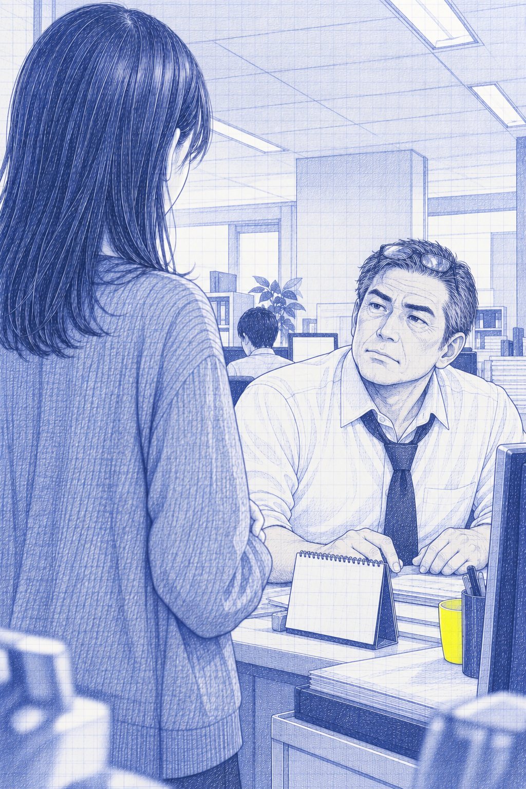 課長の机の前に立つ七瀬の背中ごしに、座ったままの課長が目を上げて七瀬を見る。机の上の卓上カレンダー。