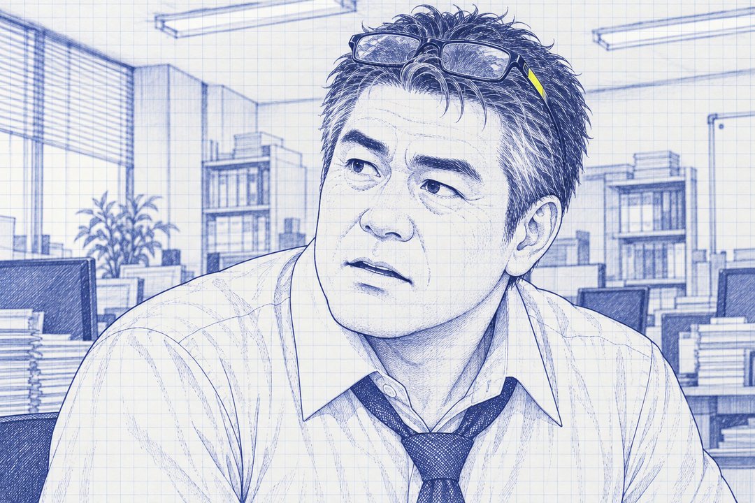 課長の顔の寄り。太い眉が少し上がり、言いかけた口のまま、言葉に詰まっている。