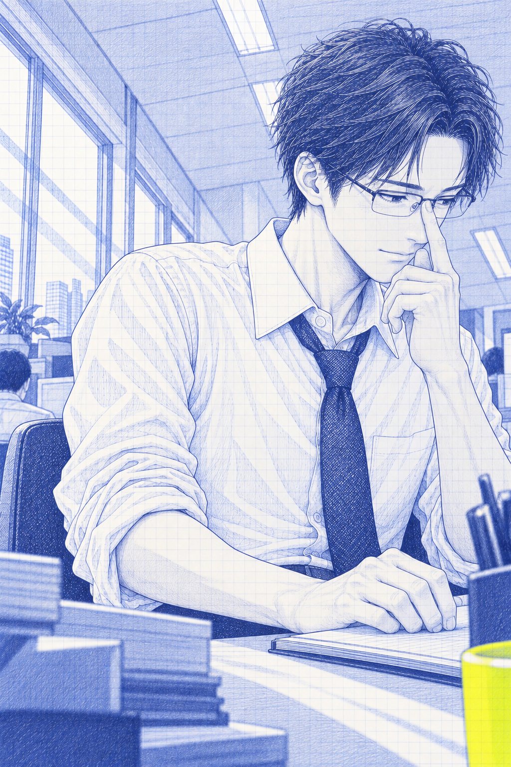 自分の席の沖。眼鏡のつなぎ目を指で押し上げ、少し照れた顔で目を伏せる。